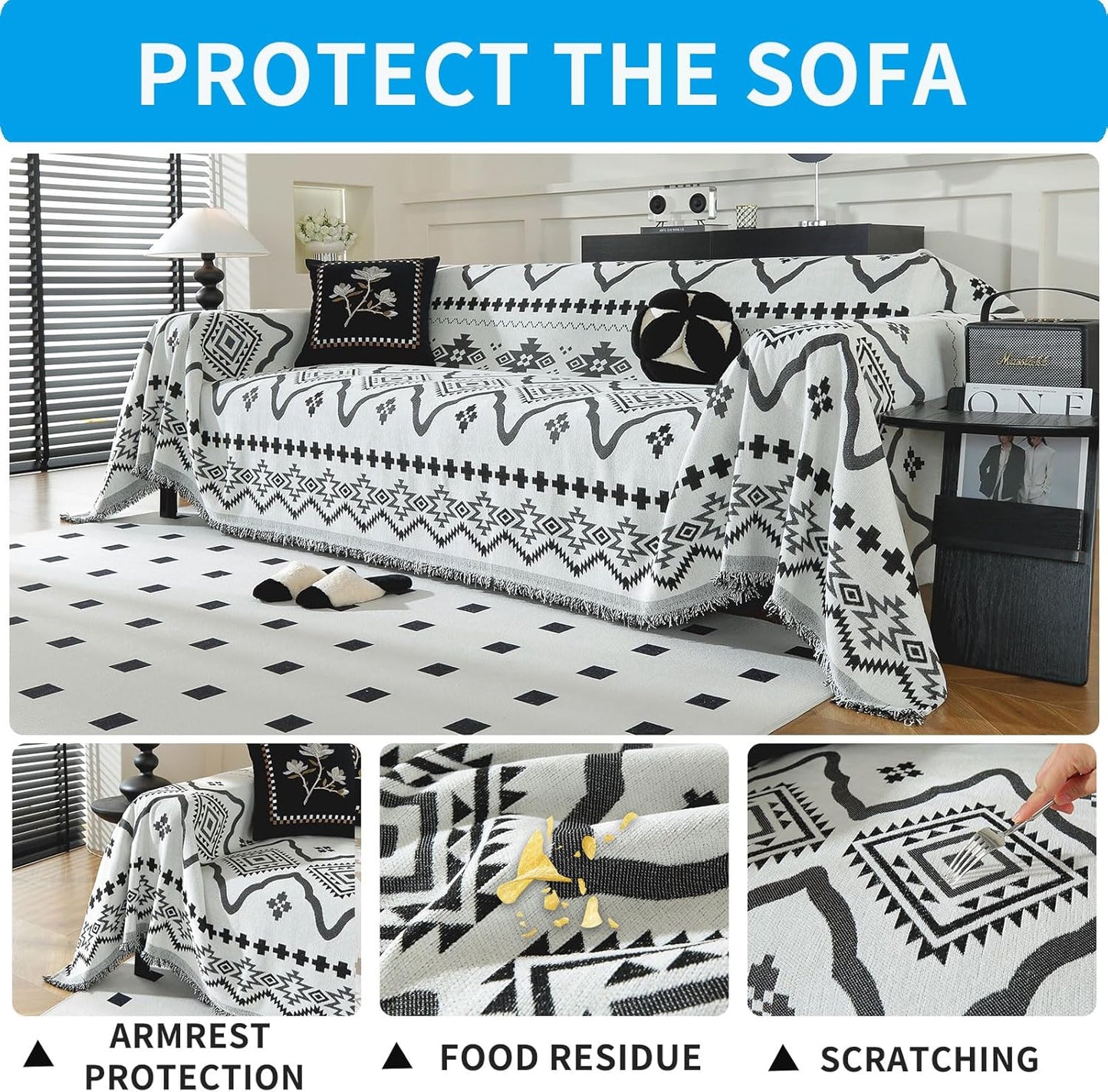 LUFEIJIASHI Boho Couch Covers for Sofa Non Slip Sofa Covers Washable Couch Covers for 3 Cushion Couch Sofa Pet Friendly Sectional Couch Cover Blanket Furniture Protector for Dogs (Black, 91"x134")