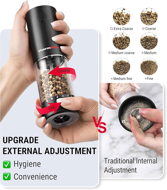 ThermoPro Electric Salt and Pepper Grinder Set Rechargeable, 110ml Automatic Pepper Grinder Shakers with 6 Levels External Adjustment, Refillable Pepper Mill Set with LED for New House Warming Gifts