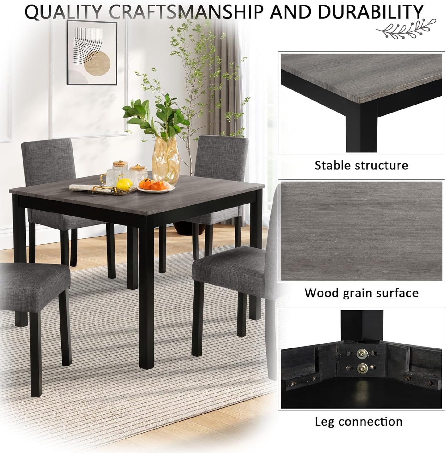 KEIKI 5-Piece Standard Height Dining Table Set with Square Table and 4 Upholstered Curved Backrset Chair, for 4 Person, Modern Wooden Table Set, Easy Assembly, for Kitchen, Dining Room, Black+Gray