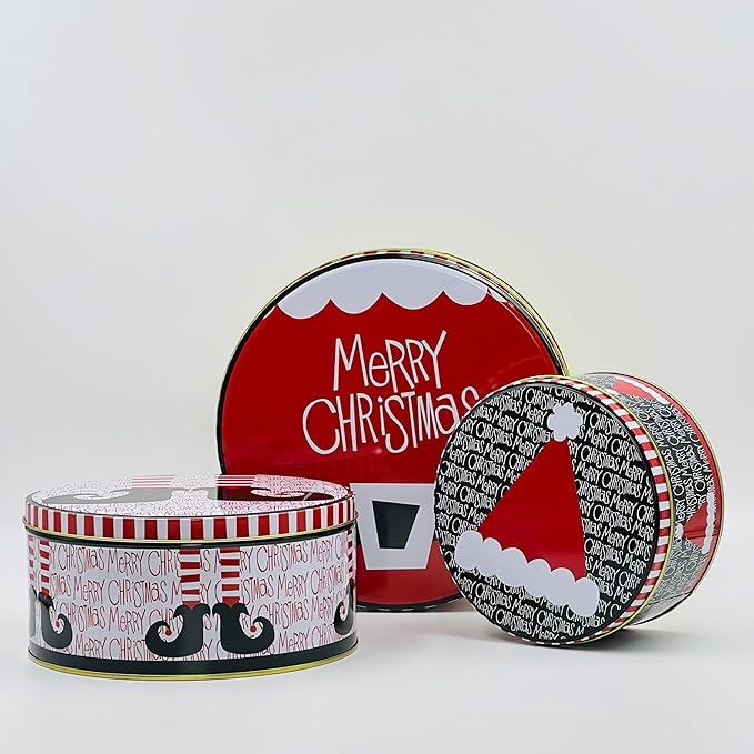 Pack of 3 Round Metal Nesting Tins – Stackable Storage Containers with Lids for Kids' Cookies, Candy, Snacks, Crafts & Kitchen – Fun Xmas Elf Hat Design