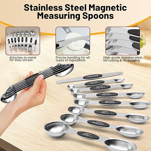 Measuring Cups 17-Piece Stainless Steel Measuring Set, Measuring Cups and Spoons with Leveler, Magnetic Conversion Chart, Black