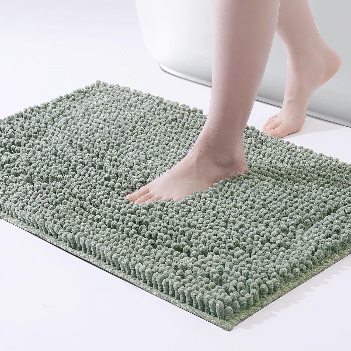 FRESHMINT Chenille Bathroom Rugs Mat 32"x20", Non-Slip Bath Mat for Bathroom Floor & Bathtub, Washable Soft Shower Shag Bath Rugs, Fluffy Thick Water Absorbent Microfiber Shower Mat, Sage Green