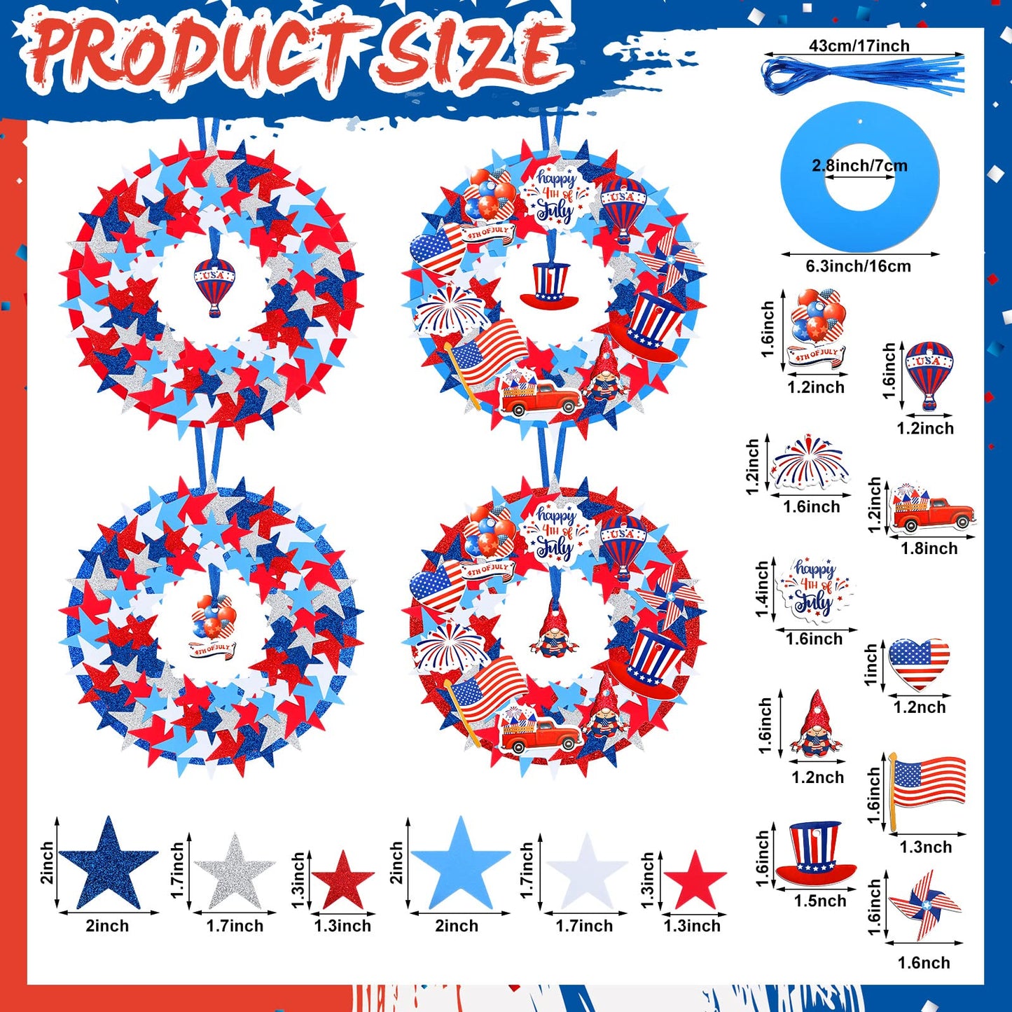 Woanger 324 Pcs 4th of July Wreath Decorations Flag USA Star Patriotic Signs Ornaments Foam Blue Red White Sticker Star Independence Day Craft Gift Favor Home Door Art Wall Decor Kit