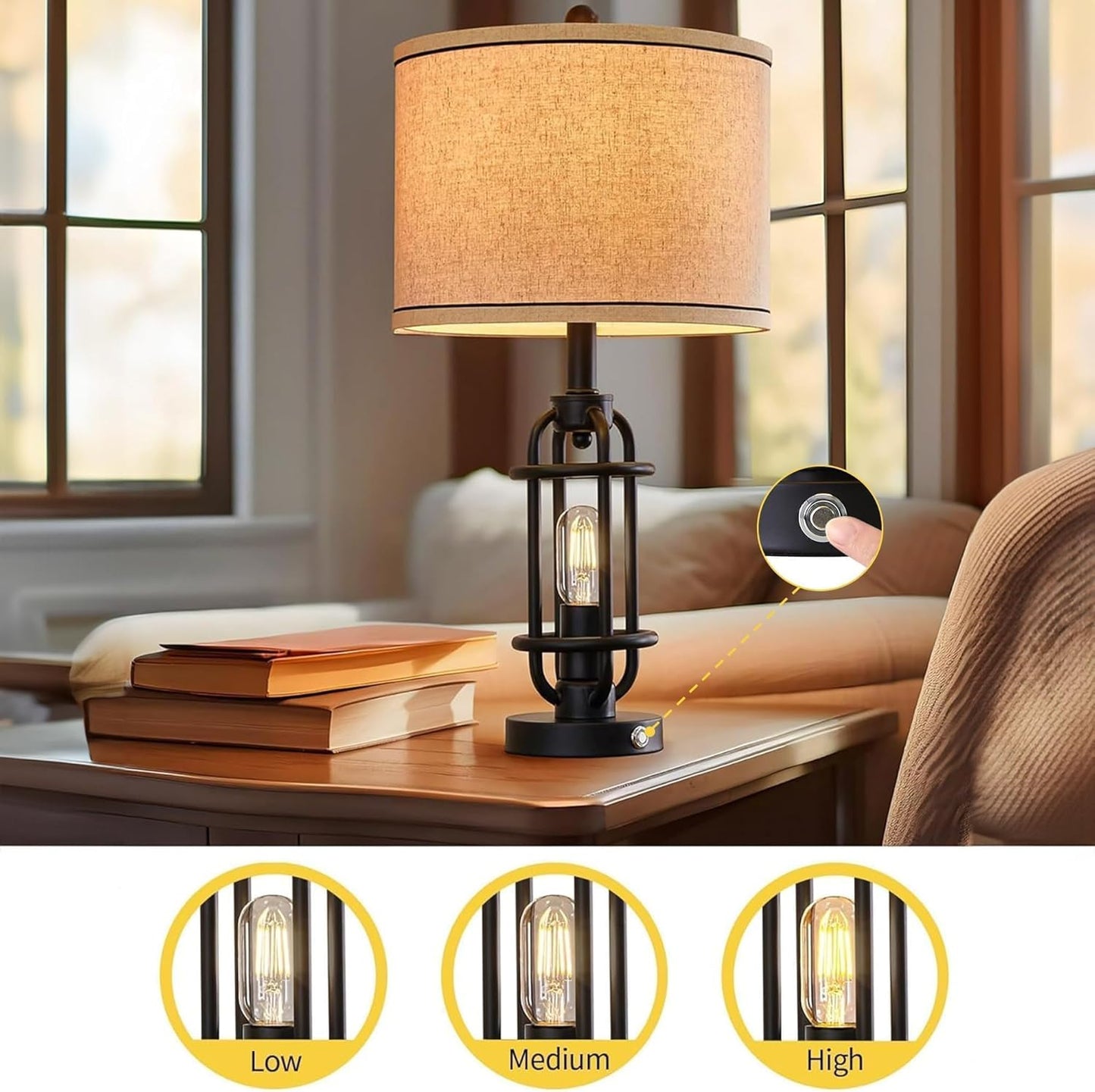 23.75'' Industrial Black Metal Table Lamps Living Room Lamp for Nightstand Bedroom lamp Single Bedside End Side Table Lamps Home Decor Touch Lamp Modern Lamps with USB Ports, Bulbs Included