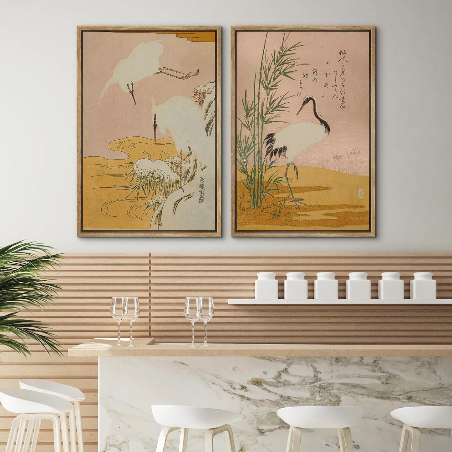 SIGNWIN Framed Canvas Print Wall Art Set Japanese Crane Vintage Style Bird and Bamboo Illustrations Modern Art Rustic Minimal for Living Room, Bedroom, Office - 24"x36"x2 Natural