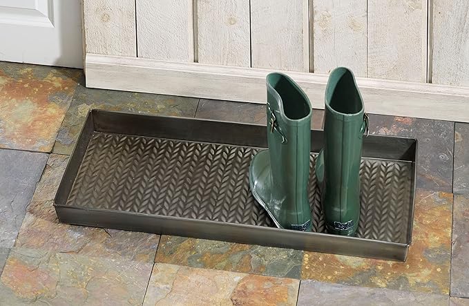 HF by LT Cable Knit Pattern Metal Boot-Tray, 30 x 13 inches, Antique Zinc