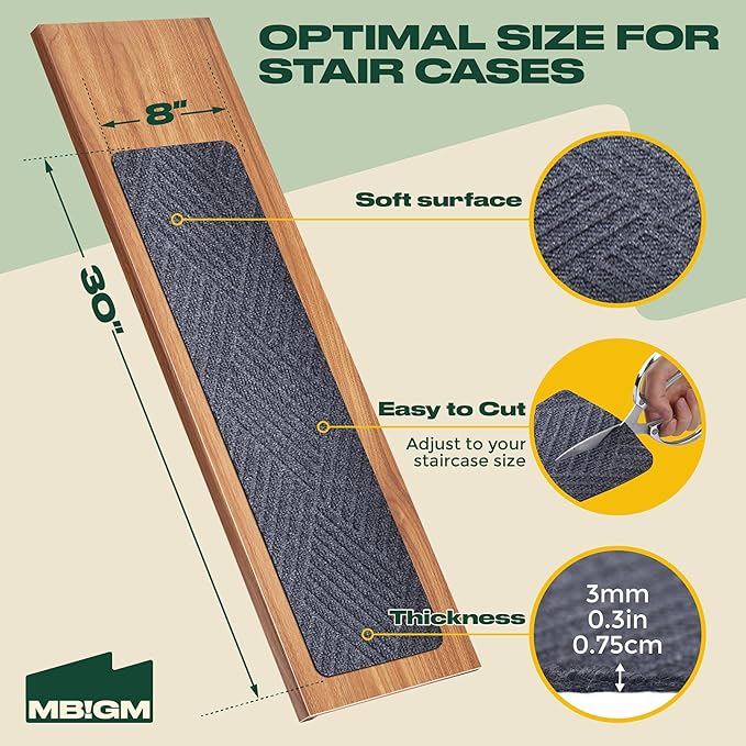 MBIGM 8 X 30inches, 15 in Pack, Non-Slip Carpet Stair Treads Non-Skid Safety Rug Slip Resistant Indoor Runner for Kids Elders and Pets with Reusable Adhesive, Dark Gray Weave