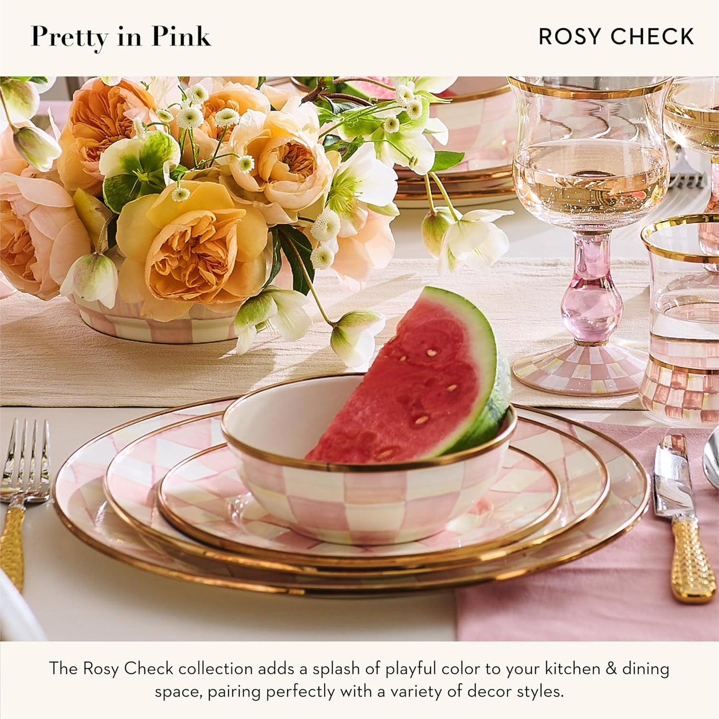 MACKENZIE-CHILDS Enamel Dinner Plate, Decorative Dinnerware Plate, 10 Inches, Set of 4, Pink-and-White Rosy Check