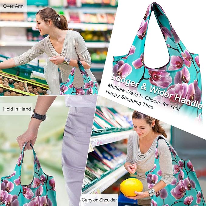 BeeGreen Floral Reusable Grocery Bags Bulk 6 Packs X-Large50LBS, Reusable Shopping Bags Foldable for Groceries, Vegetables, Fruits Bulk Tote Bags Washable For Women Men