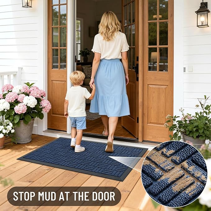 OLANLY Front Door Mat Outside Entrance 33x21, Absorbent, Heavy Duty Sturdy Natural Rubber Doormat Indoor Outdoor, Non-Slip, Stain and Fade Resistant, Low Profile Floor Mat for Entryway, Navy Blue