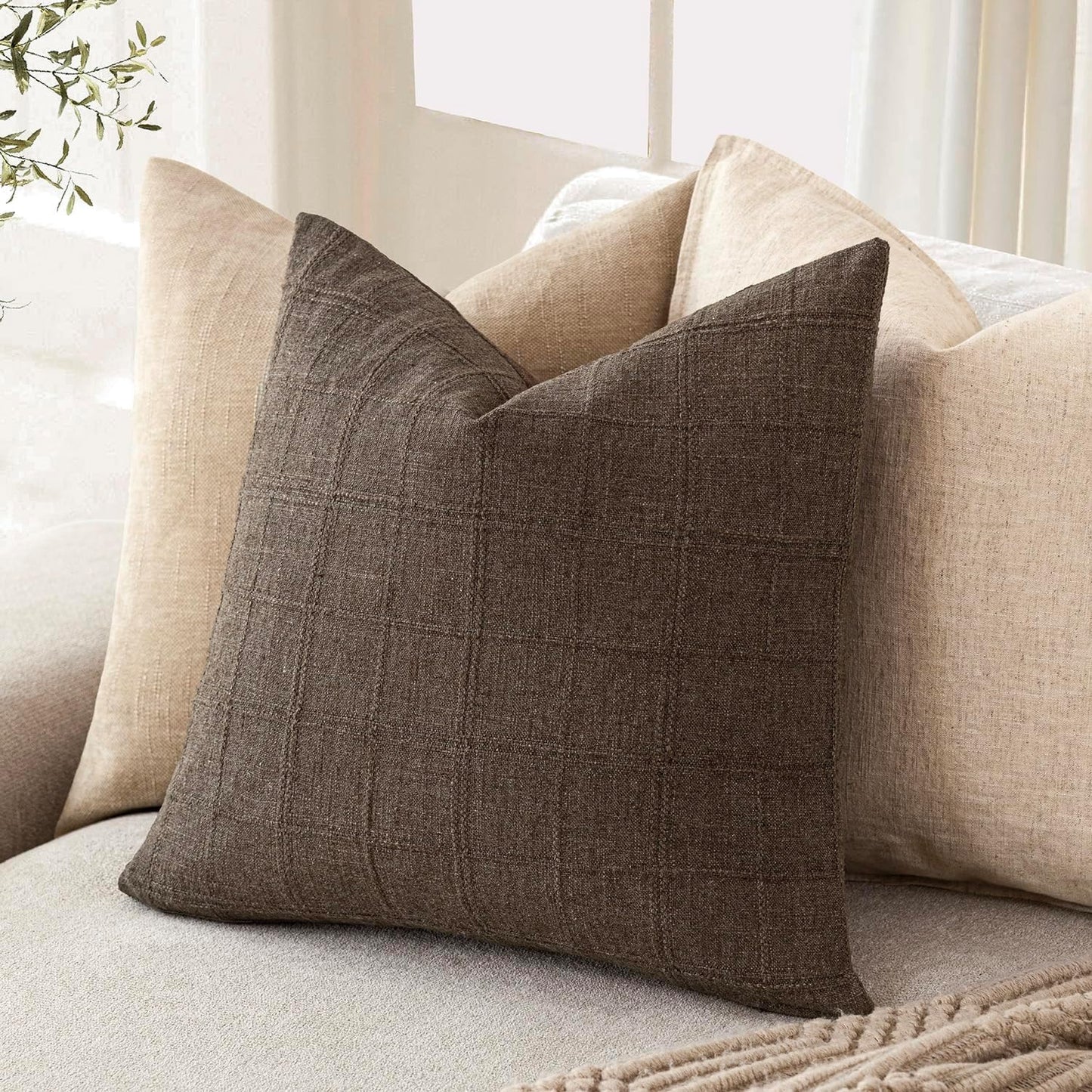Foindtower Set of 2 Decorative Linen Check Throw Pillow Covers Neutral Farmhouse Vintage Cushion Covers Modern Boho Home Decor for Sofa Chair Couch Bedroom Living Room Outdoor,24×24 Inch,Dark Brown