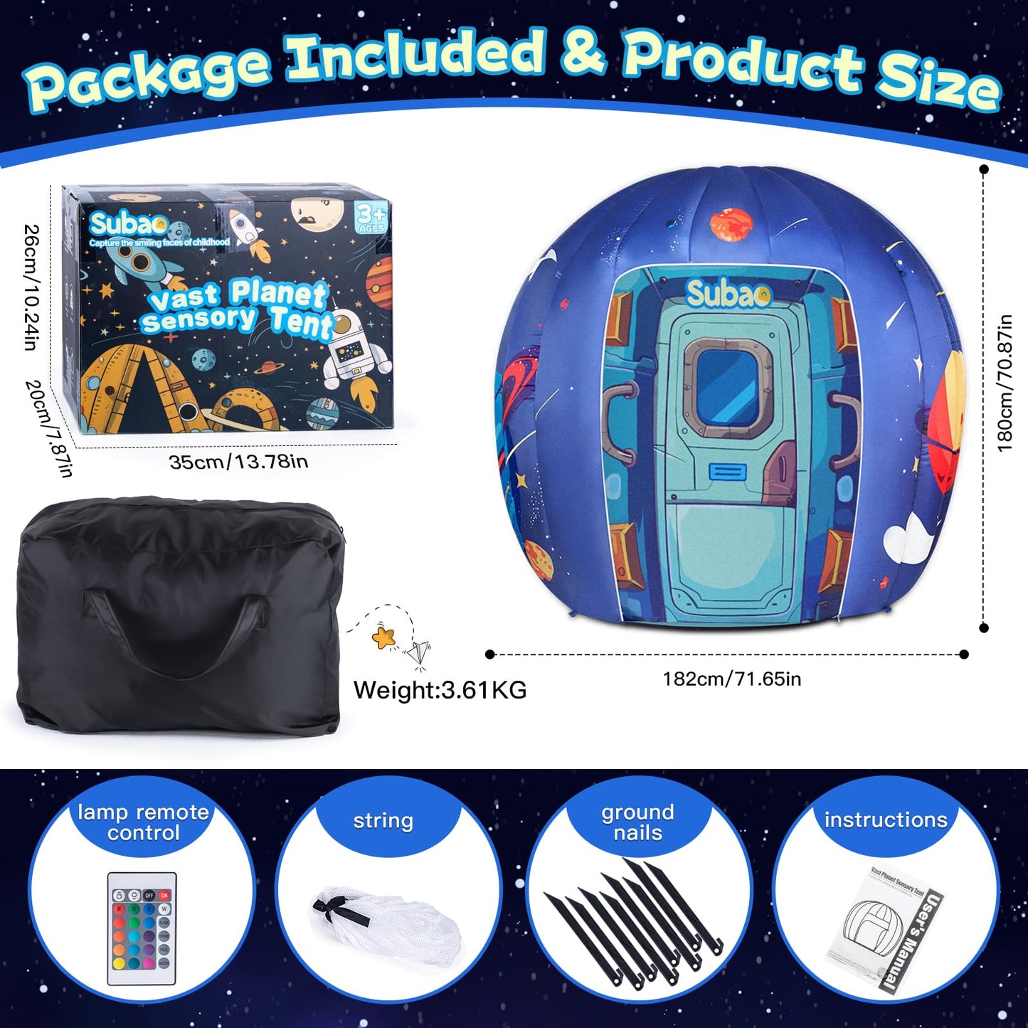 Subao Sensory Toys for Kids with Autism,70" Vast Planet Kids Play Sensory Tent with Lights and 14" Pink Light Up Star Plush Sensory Toddler Pillow,Birthday Xmas Gifts for Boys Girls Ages 3-12