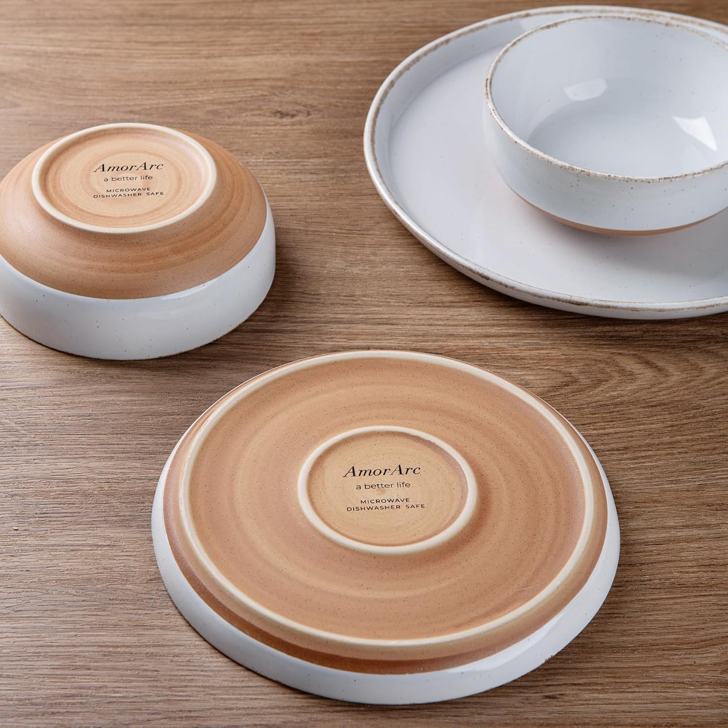 AmorArc Ceramic Dinnerware Sets with Pasta Bowls for 8, Handpainted Plates and Bowls Set with Rustic Terracotta Underside, Scratch Resistant Dishes Set, Dishwasher & Microwave Safe, 32 Pcs-White