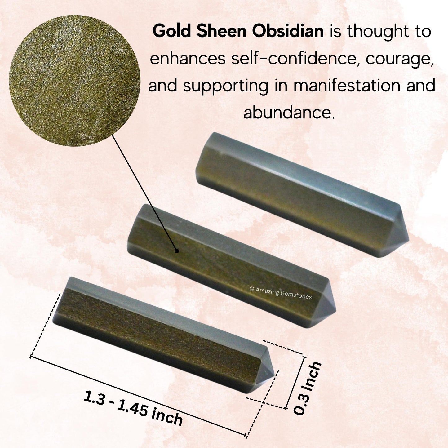 Amazing Gemstone Gold Sheen Obsidian Crystal Points Bulk Healing Crystals - Pack of 3 Single Terminated Healing Wand Point Bulk Crystals for Crafts, Crystal Grid, DIY - - Beginners Gift