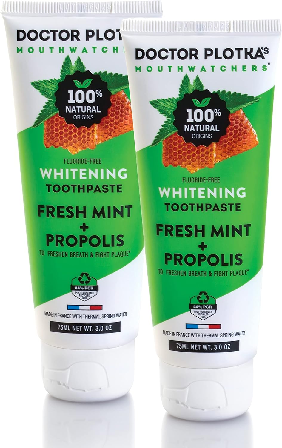 MOUTHWATCHERS Whitening Fluoride Free Naturally Sourced Toothpaste, 2 Tubes, 3 oz Each, for Sensitive Teeth and Gums, Fresh Organic Mint and Organic Propolis, by Dr. Plotka's