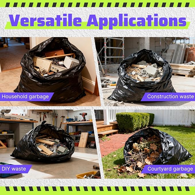 55-60 Gallon Trash Bags 40 Count, 2 Mil Heavy Duty Trash Bags, Durable & Tear-Resistant Trash Can Liners, Large Black Garbage Bags for Household Waste, Kitchen Waste, Yard Trash & Packing Leaves
