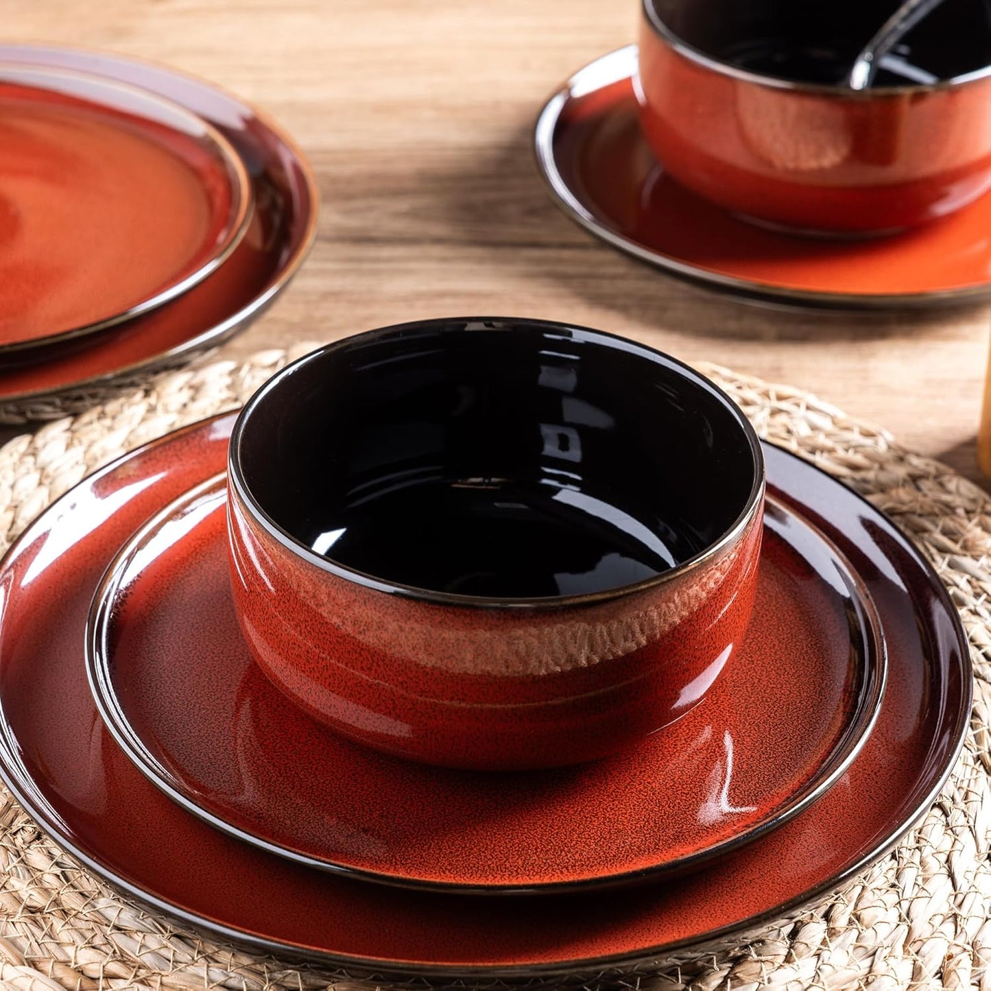 LERATIO Ceramic Dinnerware Sets for 8,Plates and Bowls Sets,Handmade Reactive Glaze Dishes Set,Highly Chip and Crack Resistant | Dishwasher & Microwave & Oven Safe Dishes set,Service for 8-Red(24pc)