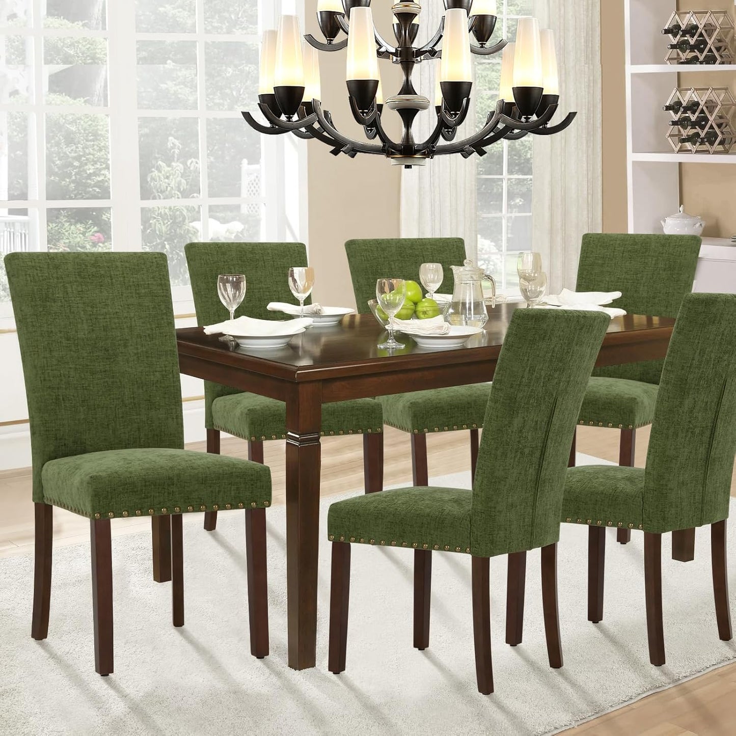 Parsons Dining Chairs Set of 4, Upholstered Nailhead Dining Room Kitchen Side Chair with Thick Cushions and Wood Legs, Green