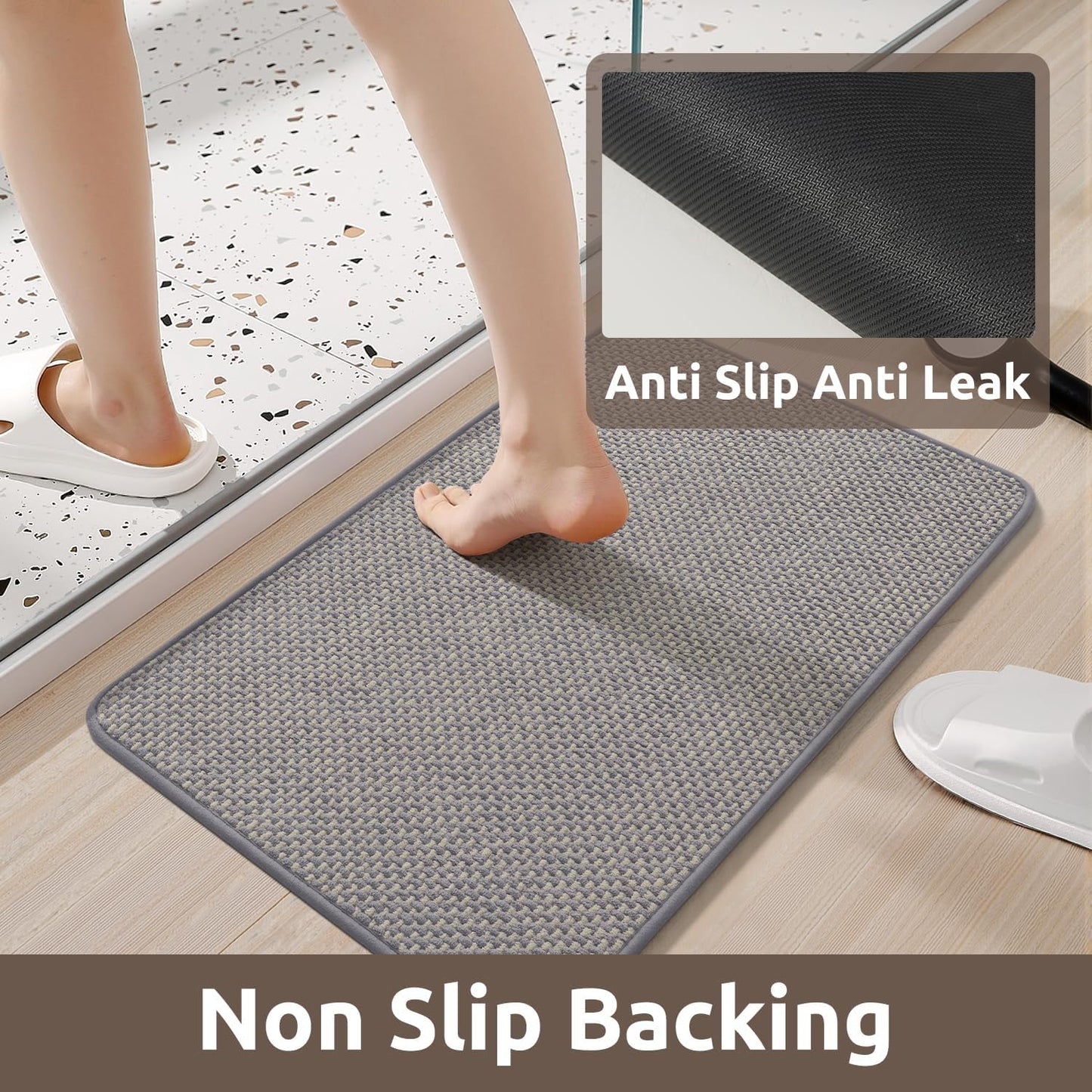 AMOAMI Chenille Bath Mat Super Absorbent Bathroom Mat Quick Dry Bath Mats for Bathroom Rubber Backed Bathroom Rugs Non Slip Washable Fit Under Door, Front of Bathtub, Sink, LIGHTGREY&Beige 17"x24"