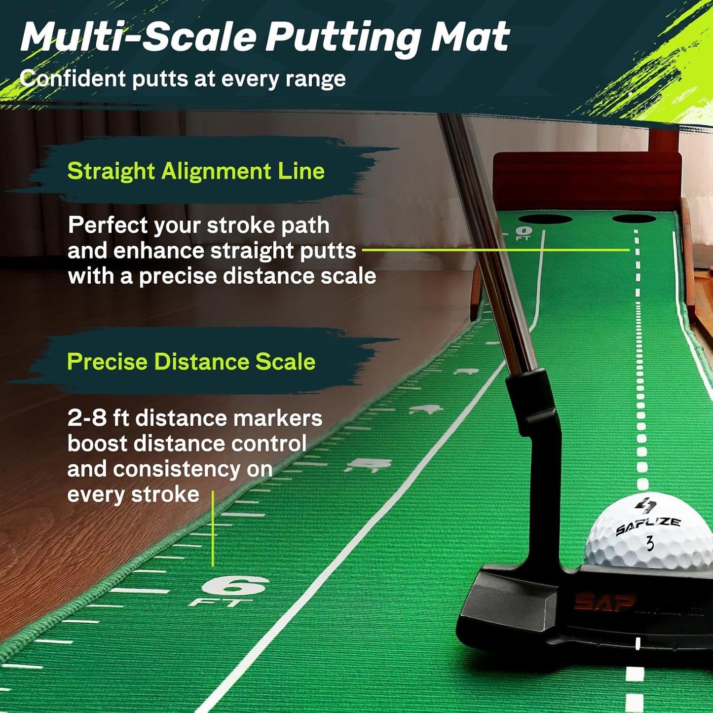 SAPLIZE Golf Putting Mat/Putting Green Mat - Adjustable Slope, Trajectory Tracking, Automatic Ball Return & Pong Game Modes |Portable Practice Green for Home, Office, Indoor & Outdoor