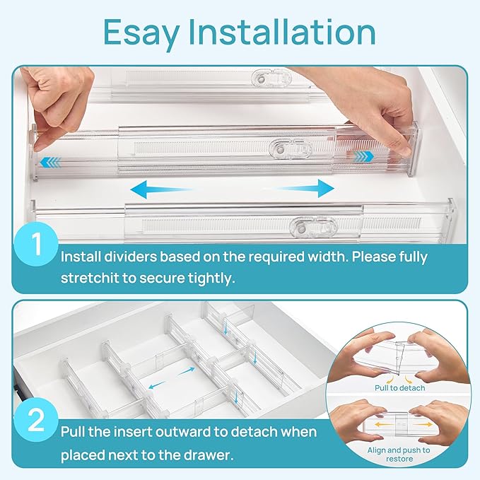 Vtopmart 2.36” Drawer Dividers with Expandable Inserts, 12.8"-22.3" Adjustable Kitchen Drawer Organizer, Clear Plastic Organizer Separator for Flatware, Utensil, Cutlery, 8 Dividers with 14 Inserts