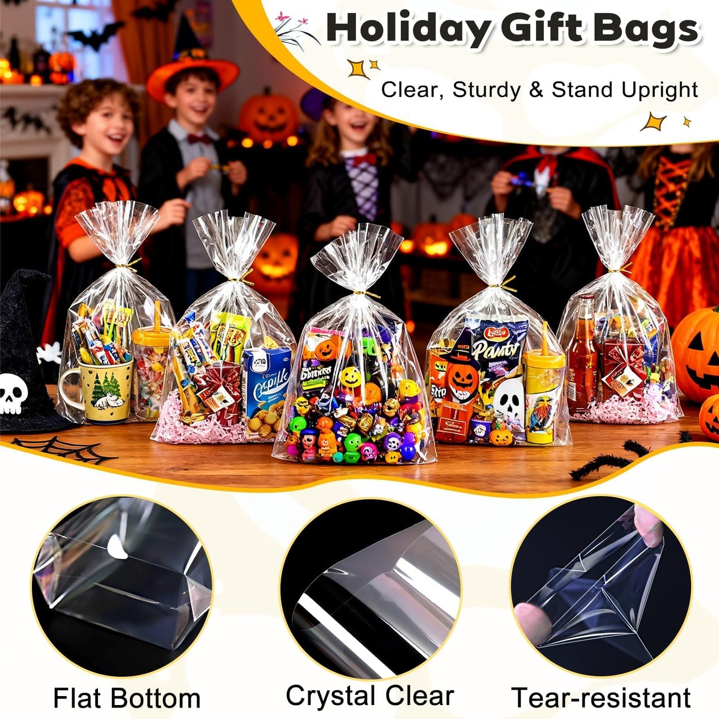 PigPotParty Cellophane Bags 10x14 Inch, 100 Pack Clear Plastic Gift Bags with Bottom Gusset for Stand-Up Display, Medium Cello Wrap for Large Goodies, Treats, Party Favors, Mugs, Includes 100 Ties