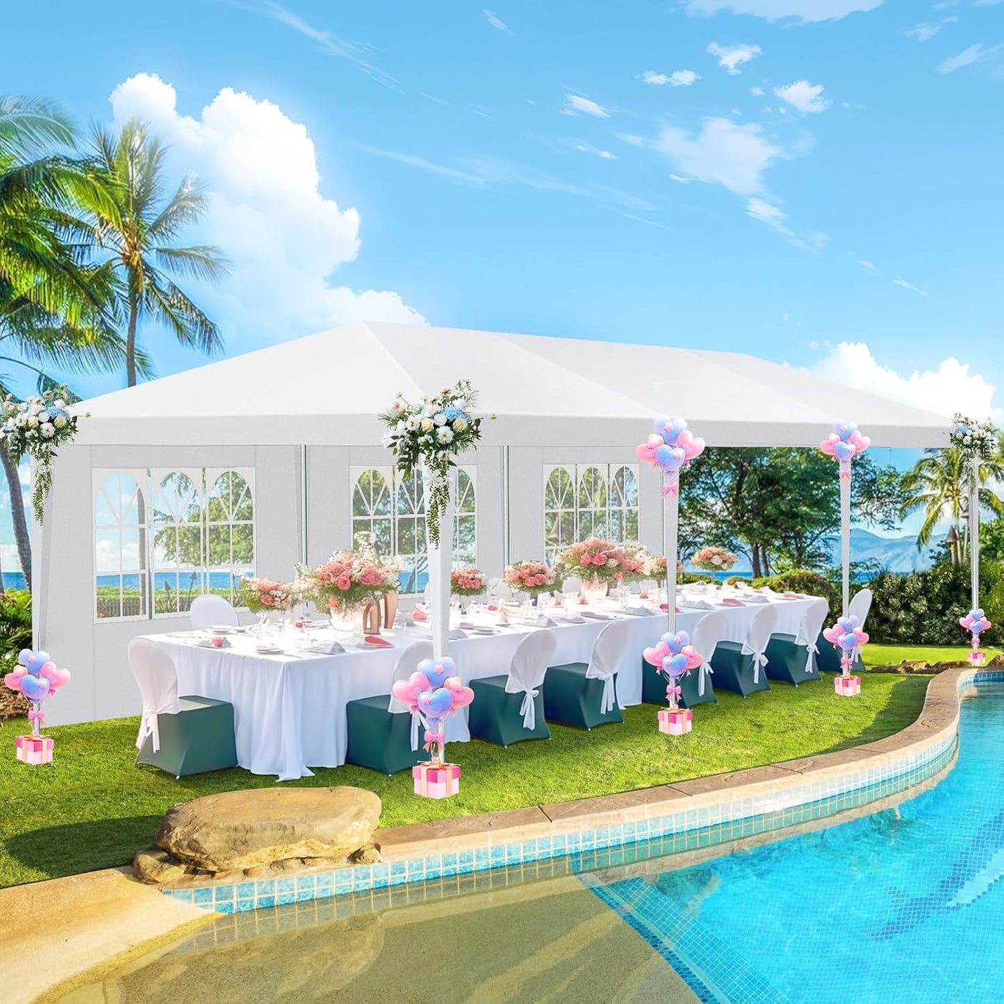 HOTEEL 10x30FR Party Tent 300 Sq Ft Outdoor Canopy with 8 Removable Sidewalls, 2 Zipper Doors, 16 Ropes and 36 Stakes, Carpas para Fiestas for Baby Shower BBQ Wedding Backyard Event, White