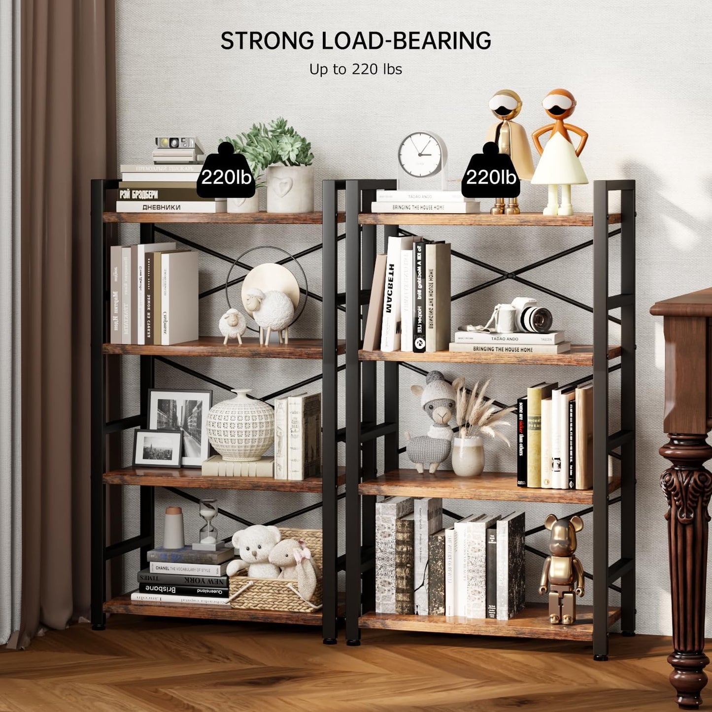 Homeiju Bookshelf, 4 Tier Small Bookcase, Organizers and Storage, Metal Small Bookcase, Rustic Book Shelf Organization and Storage for Living Room, Bedroom, and Home Office(Rustic Brown)