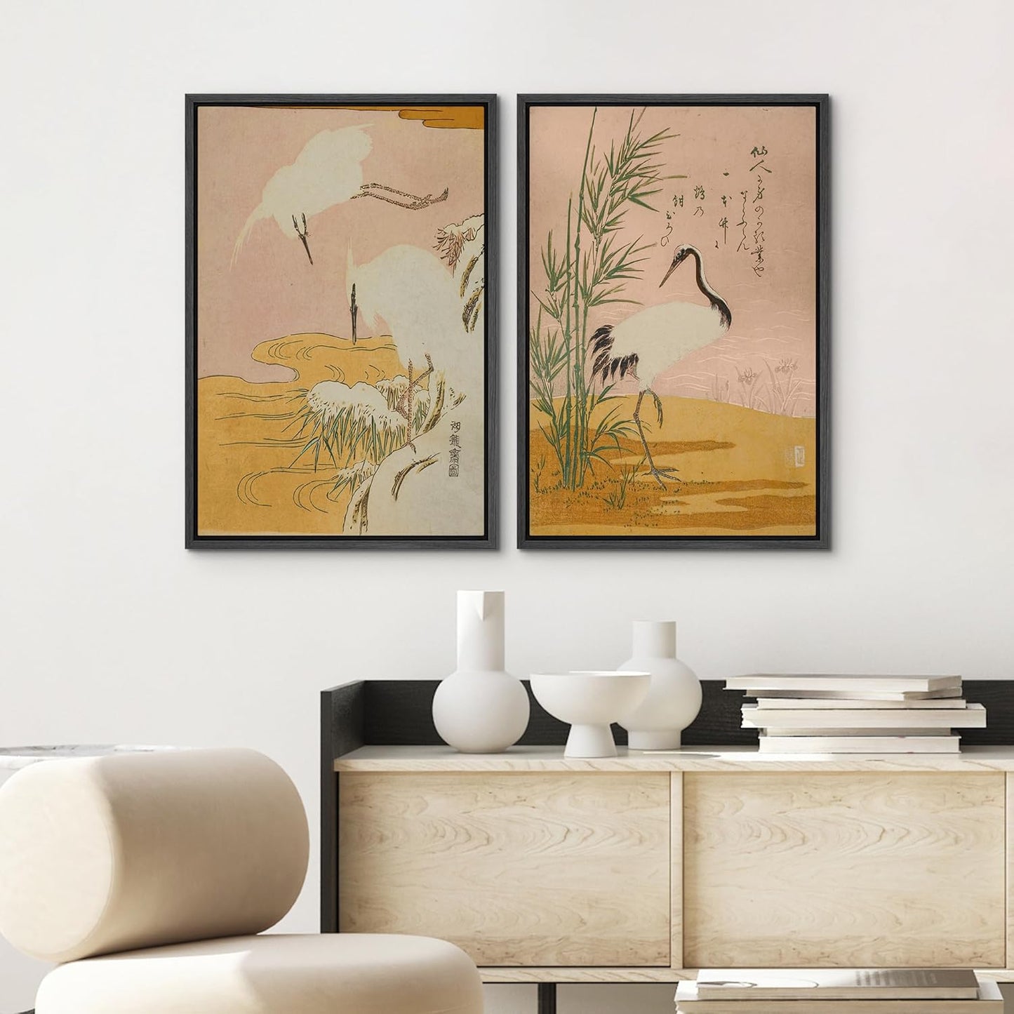 SIGNWIN Framed Canvas Print Wall Art Set Japanese Crane Vintage Style Bird and Bamboo Illustrations Modern Art Rustic Minimal for Living Room, Bedroom, Office - 16"x24"x2 Black