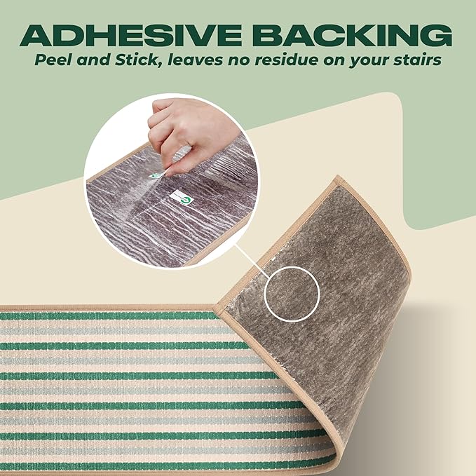 MBIGM 8" X 30" (15 in Pack) Non-Slip Carpet Stair Treads Non-Skid Safety Rug Slip Resistant Indoor Runner for Kids Elders & Pets with Reusable Adhesive - Soft Stripes - Serene Sage