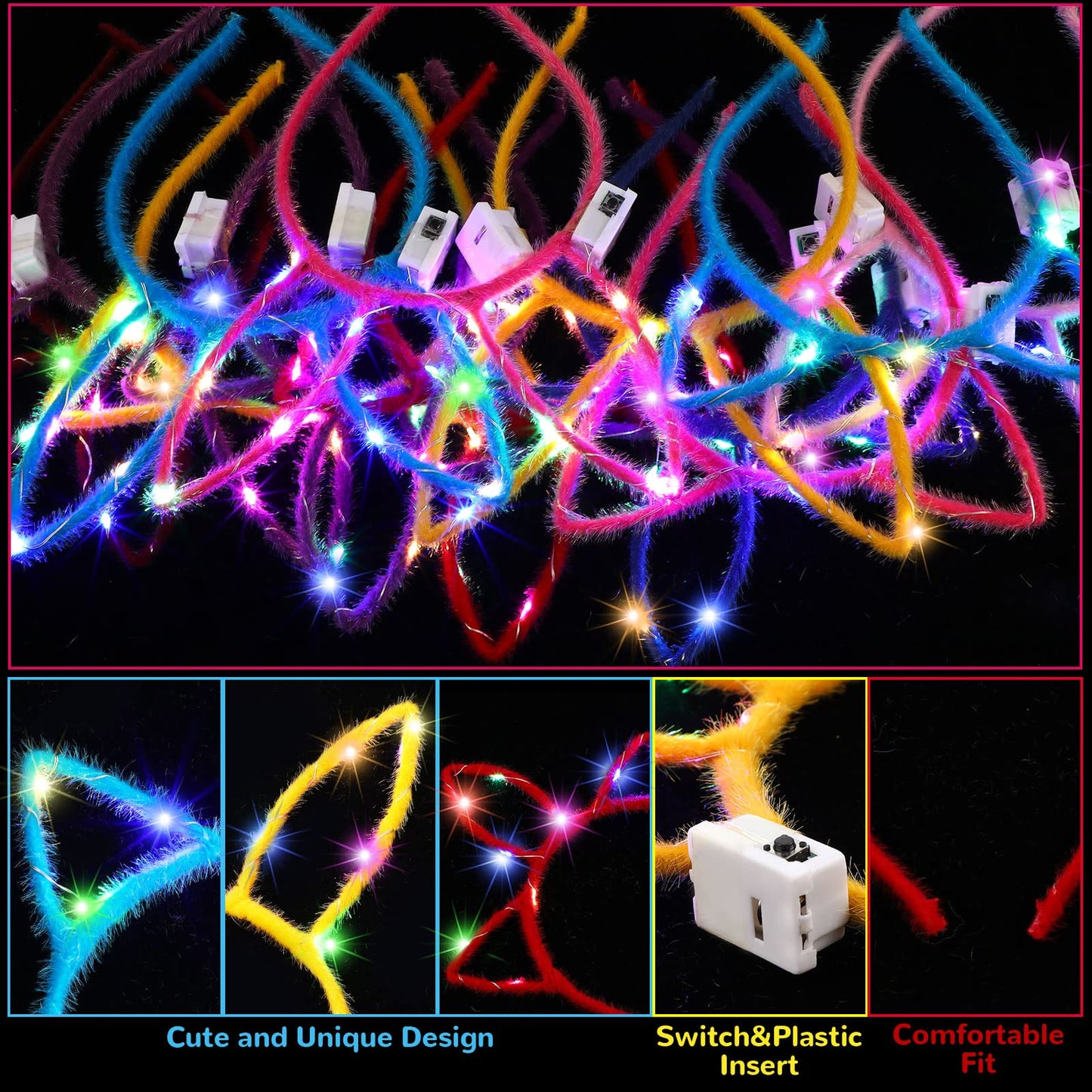 Janinka 60 Pcs Glow in the Dark Headbands Set, Cat Ear Headband Unicorn Rabbit Bunny Lighted Ear Headband Bulk for Valentine's Day Mardi Gras Easter Favors Women Birthday Gift Supplies