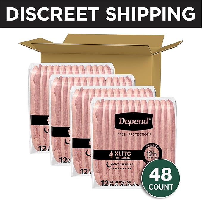 Depend Night Defense Adult Diapers, Incontinence & Postpartum Bladder Leak Underwear for Women, Disposable, Overnight, Extra-Large, Blush, 48 Count (4 Packs of 12), Packaging May Vary