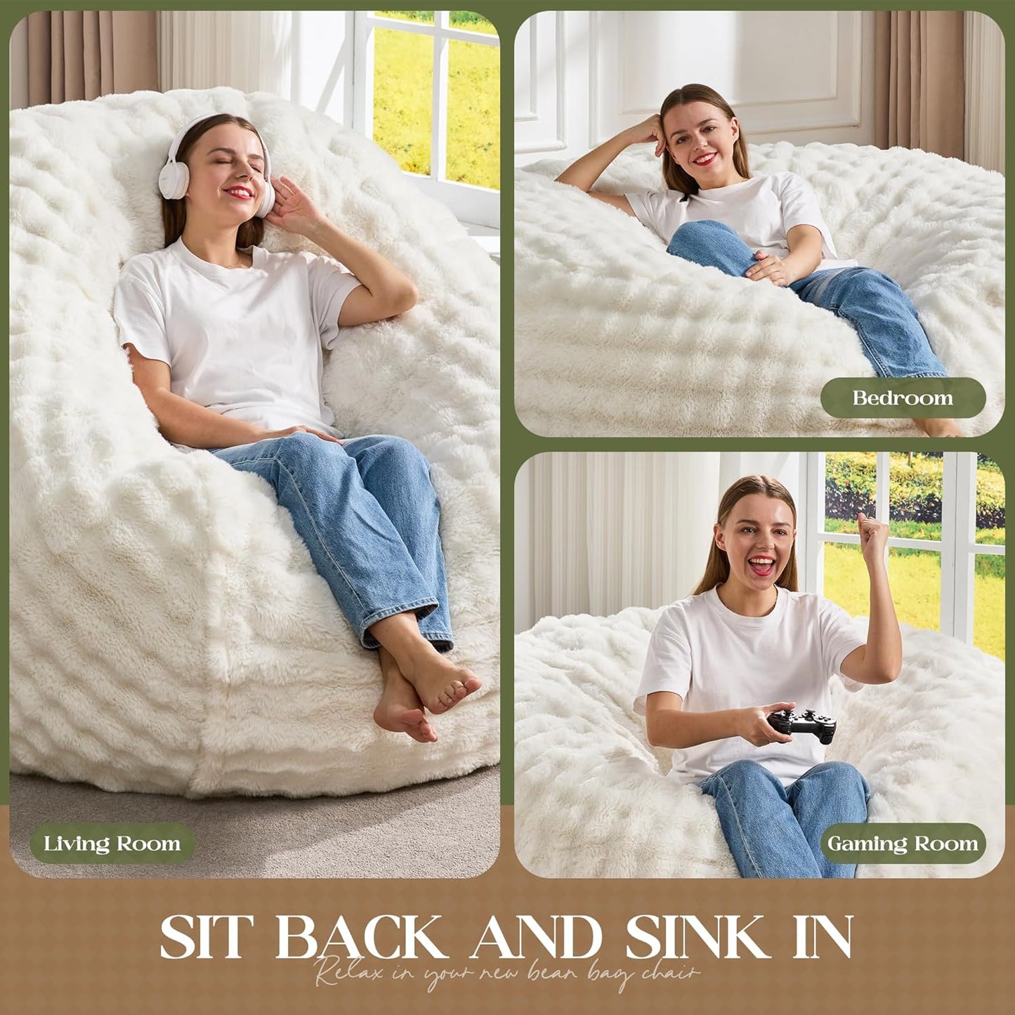 Hobestluk Bean Bag Chairs 5ft Beanbag Chair with Filler Adult Bean Bags with Fluffy & Machine Washable Cover, Giant Bean Bag Chairs for Adults (White, 5FT-50" x 50" x 24")