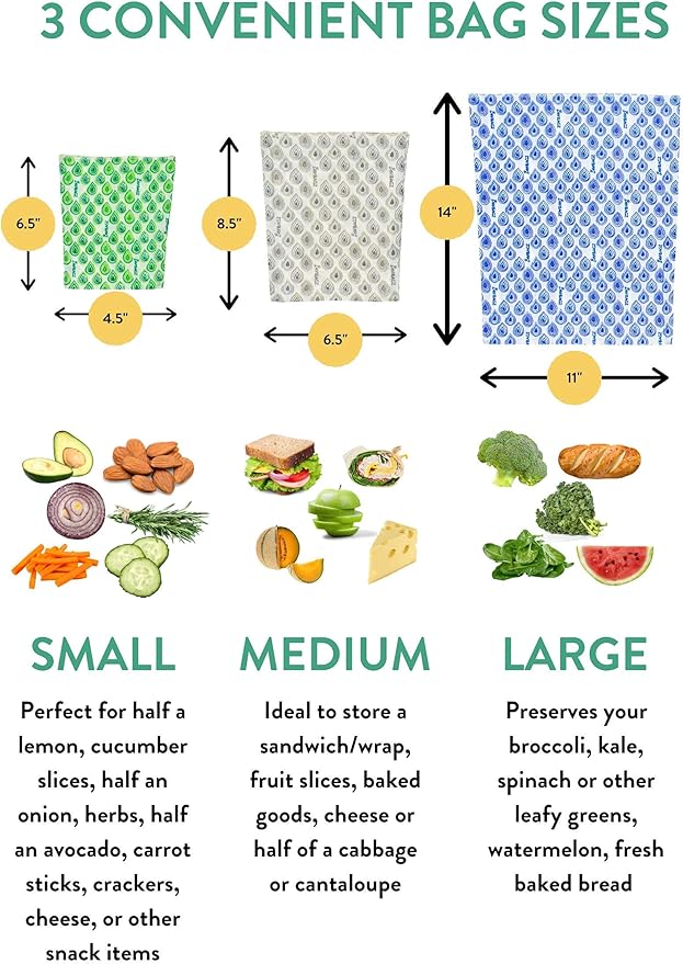BeeBAGZ - Assorted 3 Pack - Beeswax Wrap Storage Bag - Plastic and Silicone Free - Reusable Beeswax Food Wrap Bags- 2 Sizes (Lunch Pack, 2 Small + 1 Medium, (Multicolor)