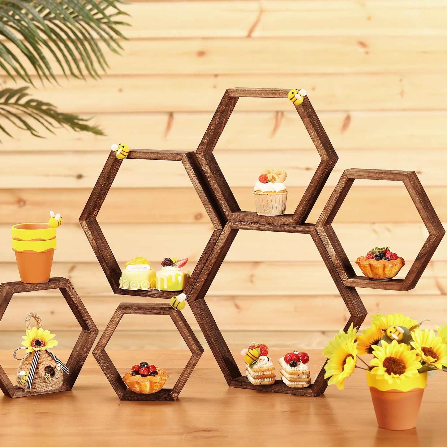 Gerrii 5 Pcs Honey Comb Decorations 5 Sizes Wood Hexagon Shelves Honeycomb Centerpiece Cupcake Stand Wooden Bee Hive Display Holder for Baby Shower Honeybee DIY Birthday Party Decor (Dark Brown)
