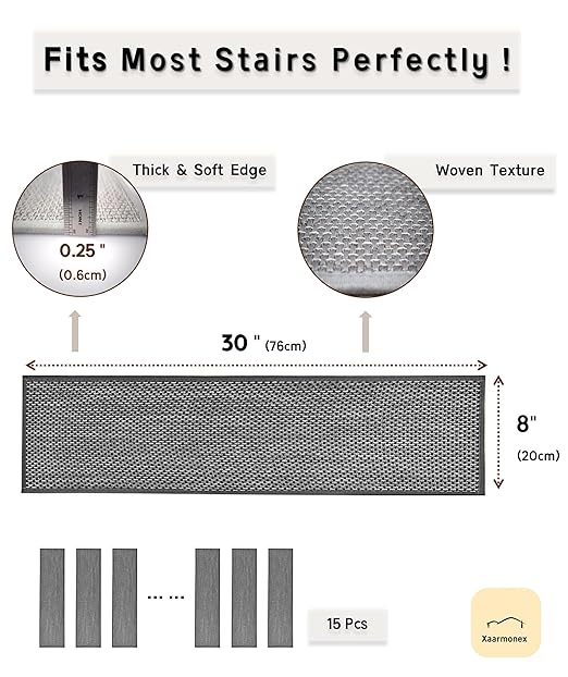 Natural Linen Stair Treads for Wooden Steps, 4 Pcs 8" x 30",Non Slip Stair Runner, Peel and Stick Carpet Indoor for Kids Elders and Pets (4, Black, 8" x 30")