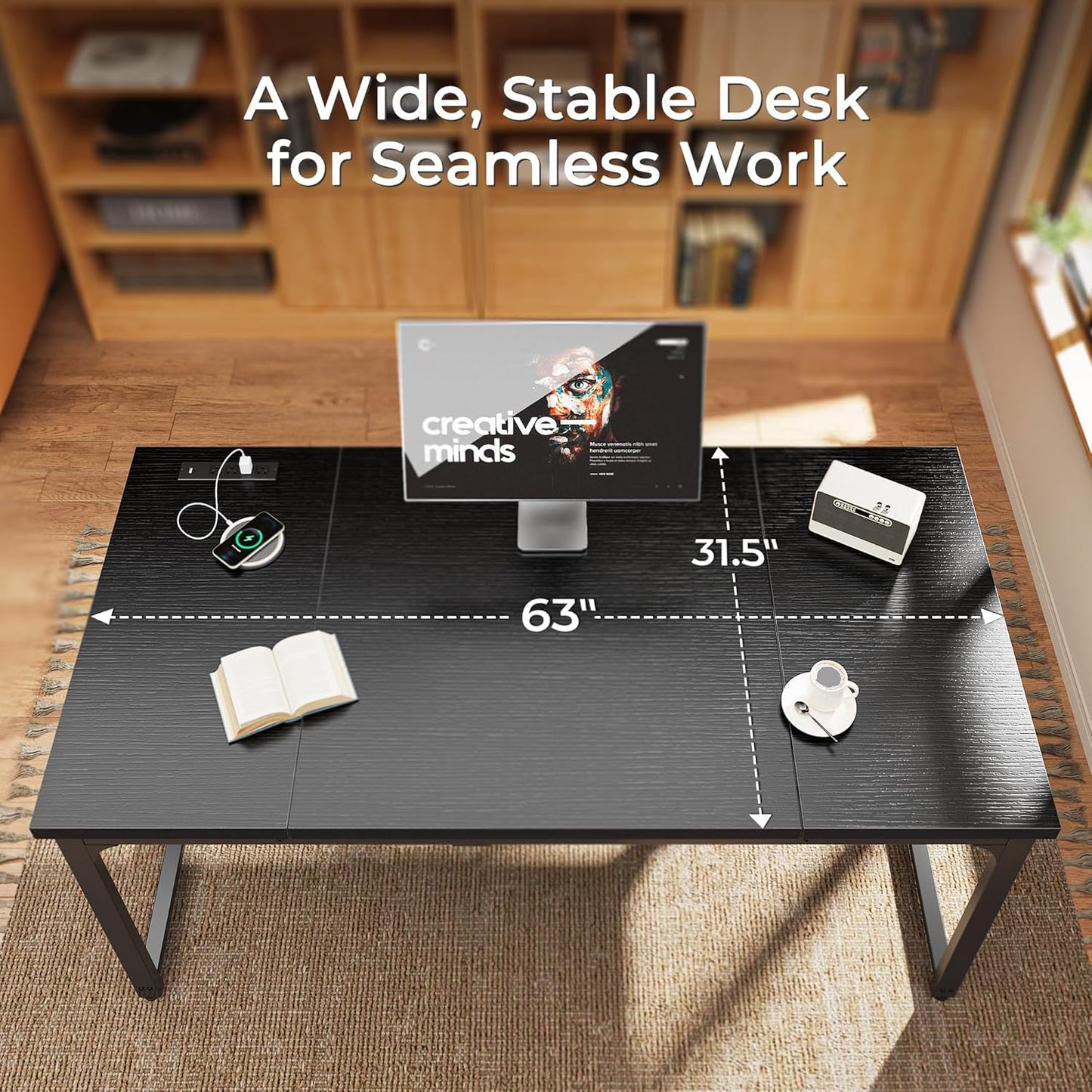 Huuger 63 x 31.5 inch Desk with Power Outlets & USB-C, 1.2 Inch Thicker Desktop, Robust Metal Tubes, Deep Computer Desk, Heavy Duty Office Work Desk, for Home Office, Black
