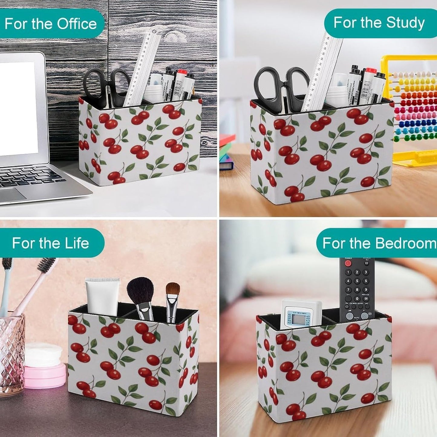 Cherry Pattern Lether Pen Holder for Desk Makeup Brush Holder Office Organizer Desk Accessory for School Office