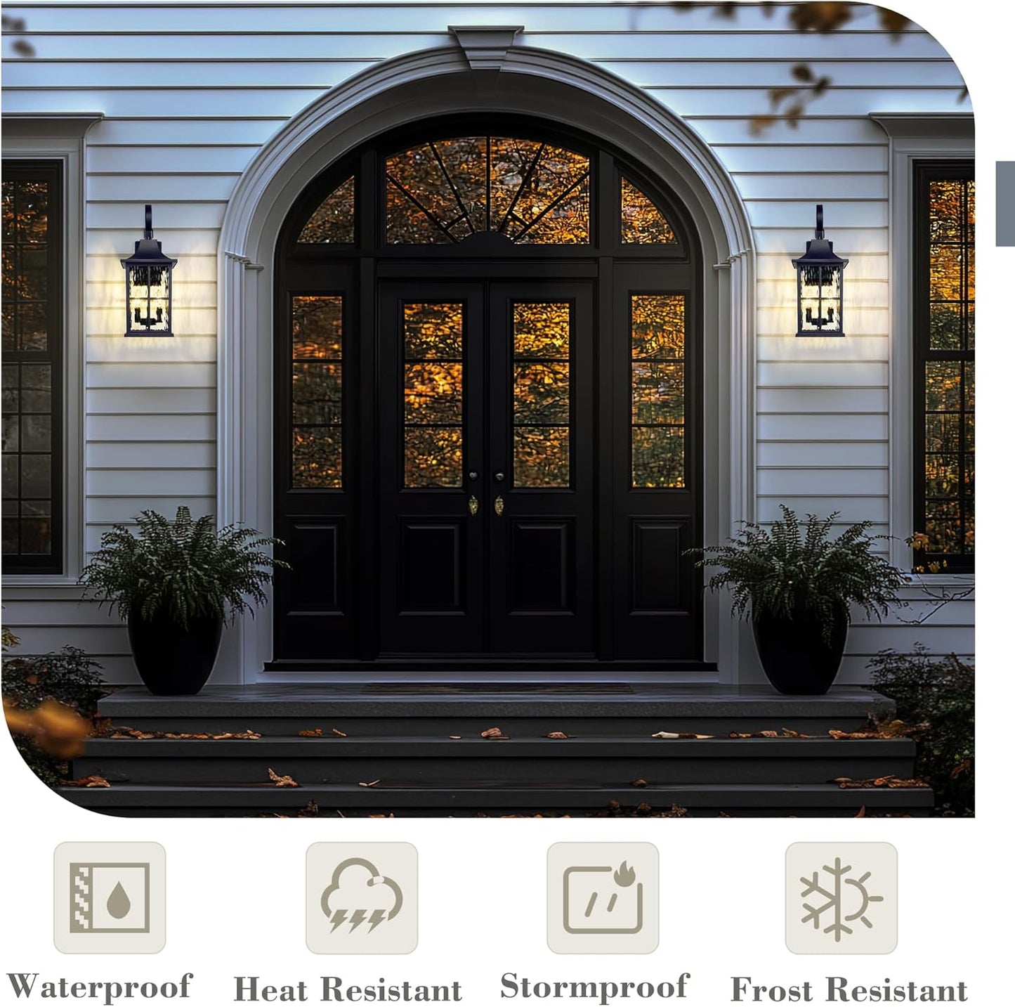 Emliviar 2-Light Large Outdoor Wall Sconce Lighting, 21.5" Outside Classic Porch Lamp in Black Finish, Wall Lantern with E12 Sockets, Water Ripple Glass, YXE306B-M BK-SW