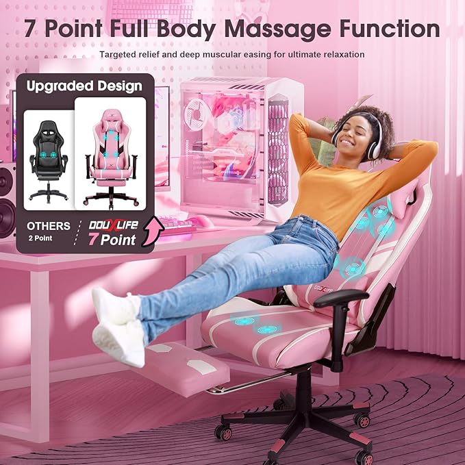 Douxlife 7-Point Massage Gaming Chair, 175° Gaming Recliner with Footrest Ergonomic Computer Office Chair High Back Video Game Chair with Lumbar Support, Upgraded Version Pink