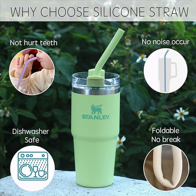 Stanley Cup Accessories 14” Extra Long Silicone Reusable Replacement Drinking Straws for 40 oz Quencher Tumbler,Wine Bottle-Blue Iris,Green Citron,Charcoal,Light Brown With Bendable Brush