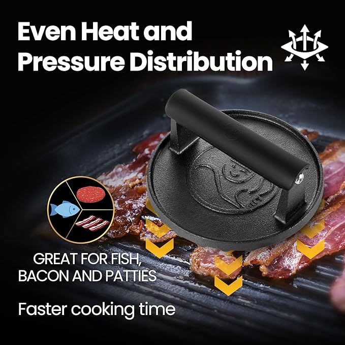 Smash Burger Press for Griddle, 2 lb Heavy Duty Burger Smasher Tool with Heat-Resistant Handle, Premium Cast Iron Bacon & Sandwich Maker, Hamburger Press for BBQ Grilling Accessories, 5-Year Warranty