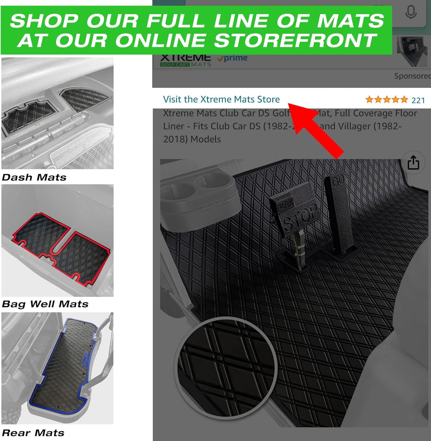 Xtreme MATS Evolution D5 Golf Cart Floor Mat Set- Rubber Double Diamond Design - Fits DMAX, GT 4 & 6, D5 6F Including Maverick and Ranger Trims (All Black, D5 6F 1st, 2nd, & 3rd Rows Forward Facing)