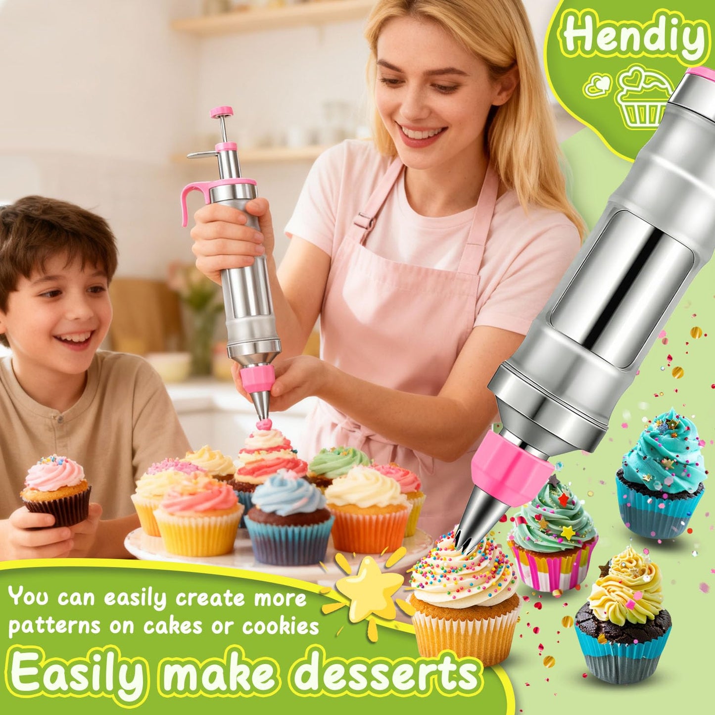 Hendiy Dessert Decorating Syringe Set, Stainless Steel Frosting Piping Kit Cake Decorating Kit with 6 Piping Tips & 9 Silicone Cupcakes, Cupcake Decorating Kit Piping Bags and Tips Set