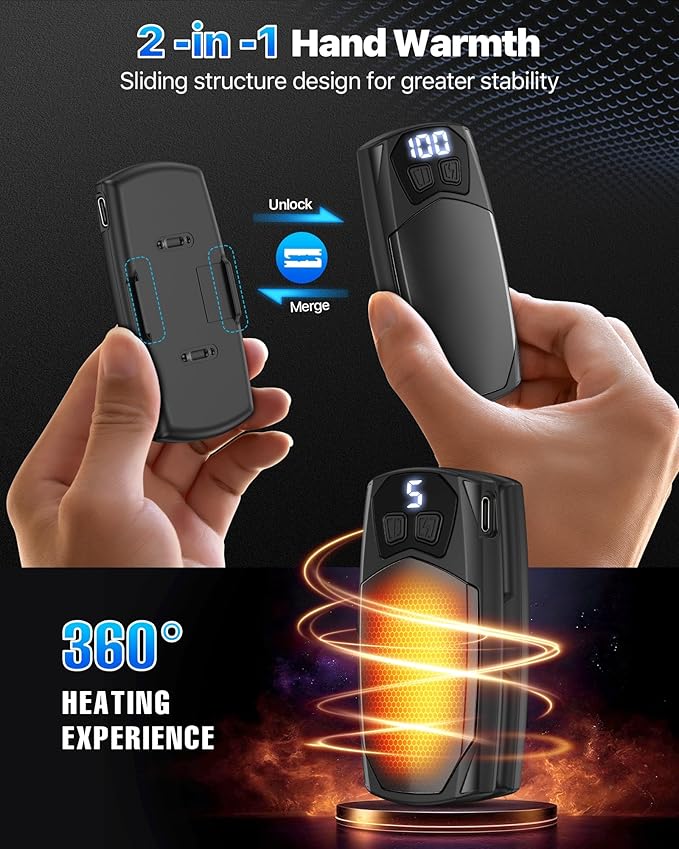 Kesguar Hand Warmers Rechargeable 2 Pack - 6000mAh Electric AI Handwarmers, LED Display & 5-Level Heating, 20Hrs Long Lasting, 2-in-1 Portable Heater, Gifts for Men/Women/Golf/Hunting