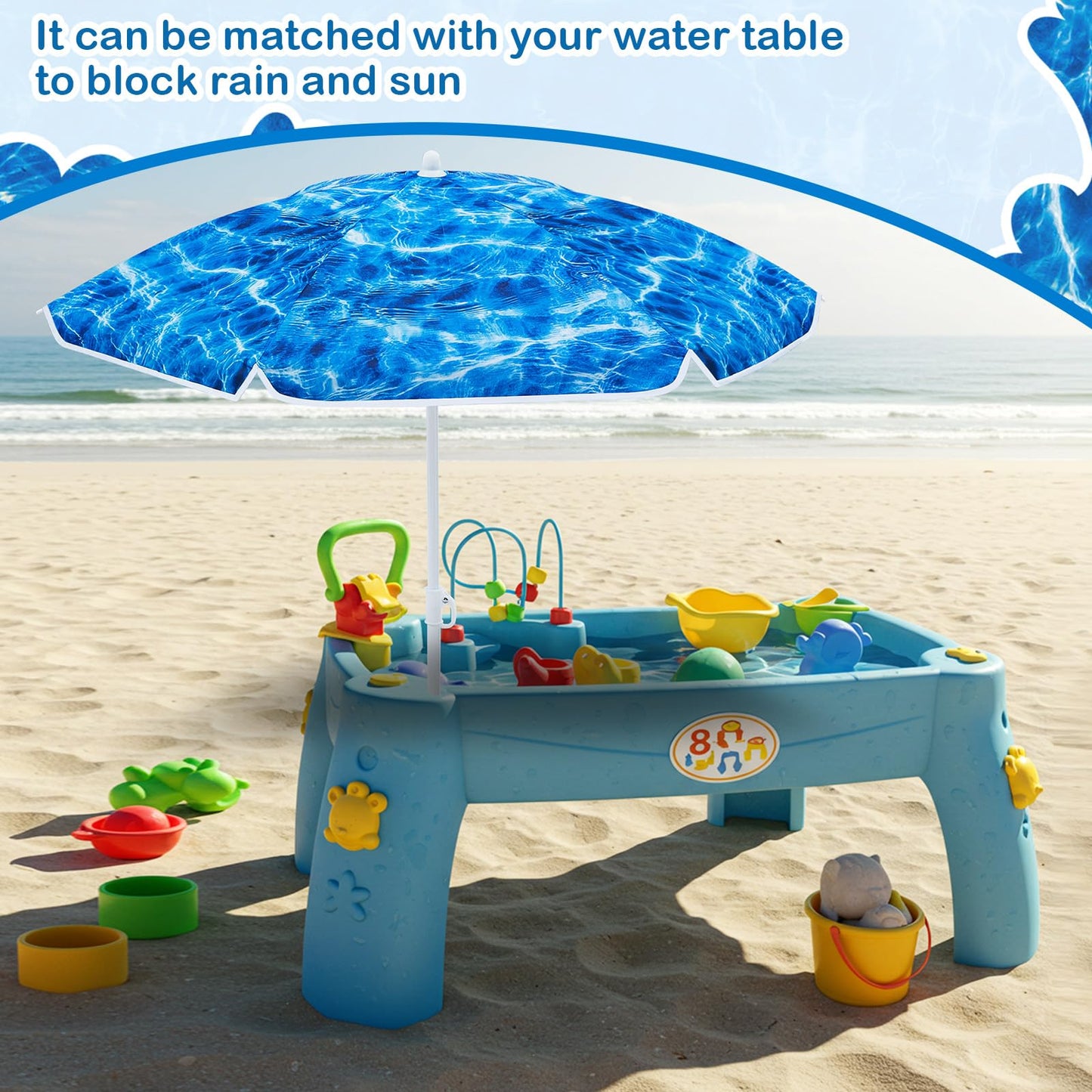 Sweetude Water Table Umbrella (Table Not Included), Kids Seaside Beach Umbrella Picnic Canopy for Summer Toddlers Sand Beach Camping Garden Outdoor Pool Shade Party Supply(Ocean Wave Theme)