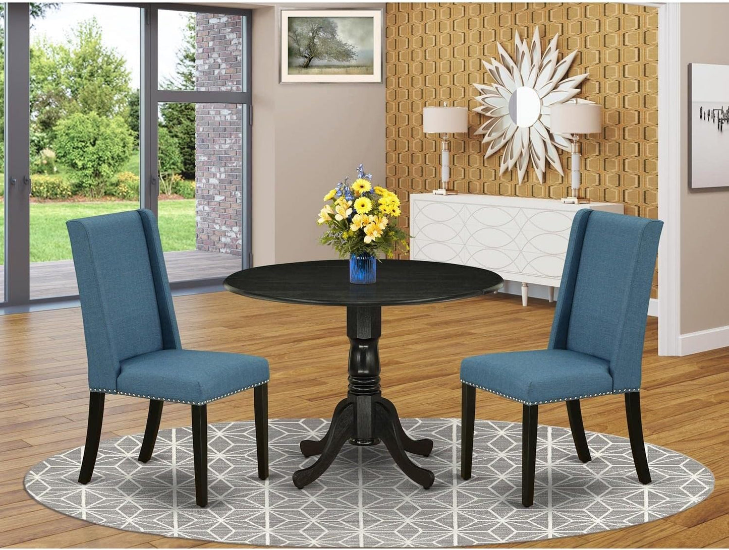 East West Furniture DLFL3-ABK-21 3 Piece Dining Room Table Set Contains a Round Kitchen Table with Dropleaf and 2 Blue Linen Fabric Parsons Dining Chairs, 42x42 Inch, Wirebrushed Black