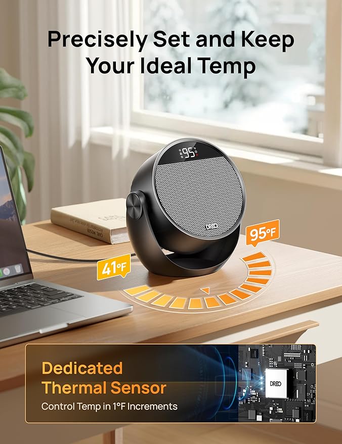 Dreo Space Heater 1500W, 60° Adjustable Tilt, 10.5ft/s Portable Electric Heaters for Indoor Use with Thermostat, 8 Safety Protections, 3 Modes, Remote, Quiet Desk Heater for Bedroom, Office, Black