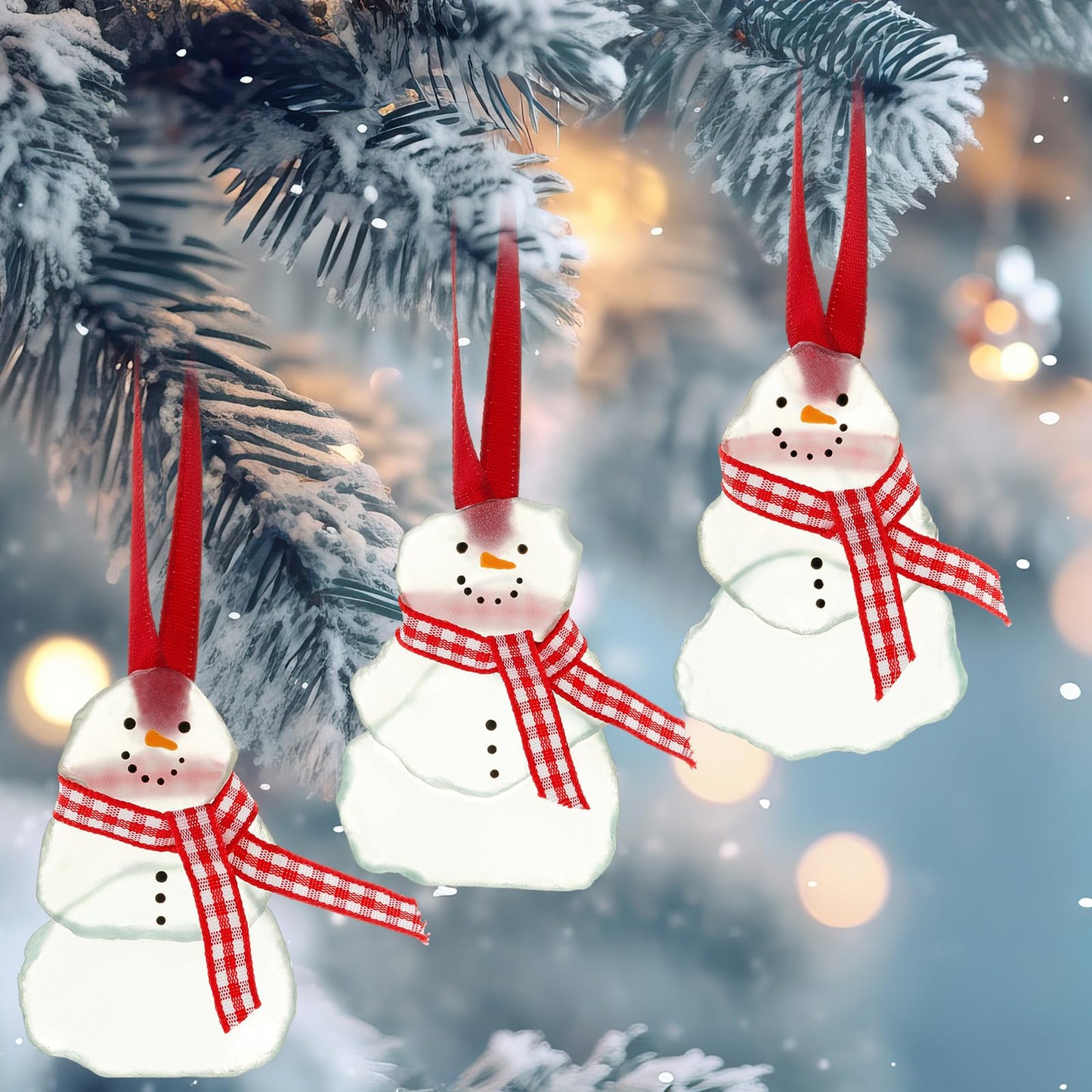Bucherry 3 Pcs Sea Glass Christmas Snowman Ornaments Sea Crystal Glass Decor Crafts Christmas Tree Hanging Ornament for Beach Ocean Gift Party Table Decoration (White)