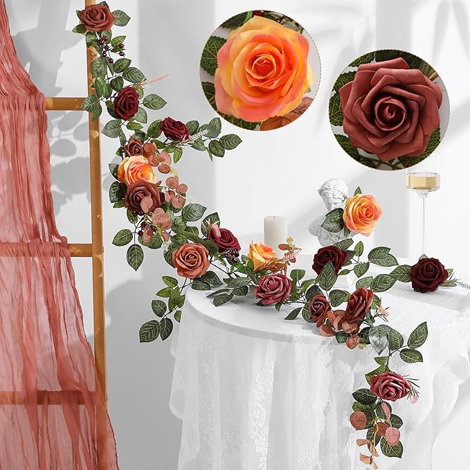 5FT Terracotta Artificial Flower Garland Fall Floral Garland Burnt Orange Arch Rose Vine for Wedding Ceremony Party Backdrop Decor Arch Flowers Mantel Table Centerpieces Decorations